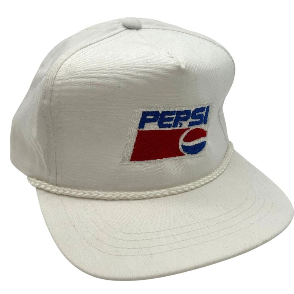 Vintage 90s Pepsi Cola White Strapback Hat Yupoong Rope Brim Patch Logo Cap OSFA
